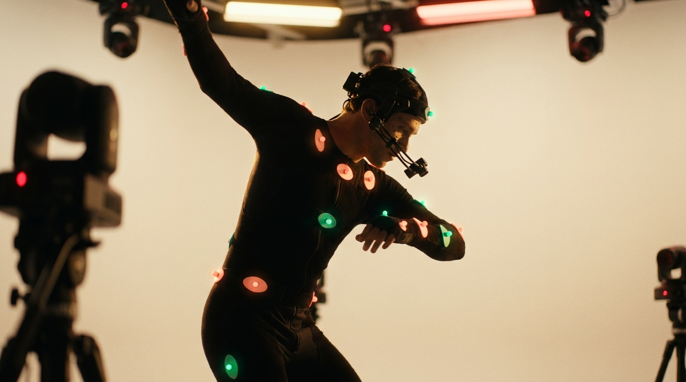 Performer en combinaison motion capture avec marqueurs lumineux